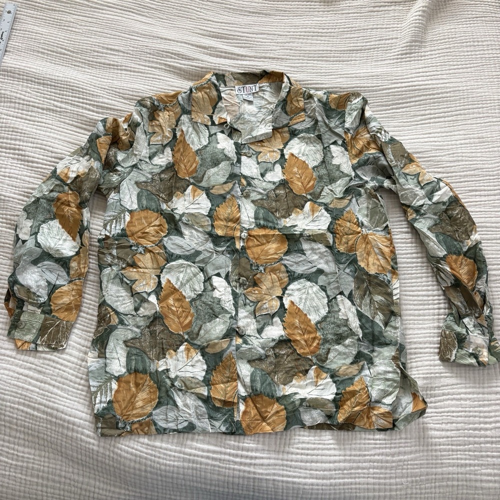 Vintage Stunt Fall Leaves 100% Silk Button Up‎ Shirt Womens Size Medium